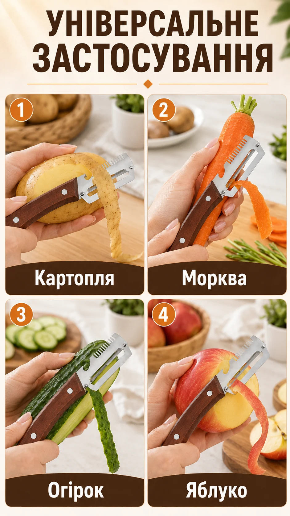 Універсальне застосування ножа для картоплі, моркви, огірка та яблука